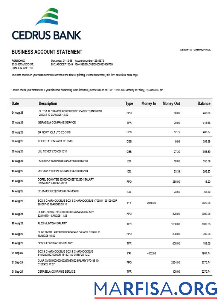 Blank Cedrus Bank business firm statement Word and PDF format (1) download for verification